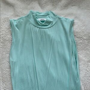 The Sak Blue Sleeveless Bodysuit with Mandarin Collar